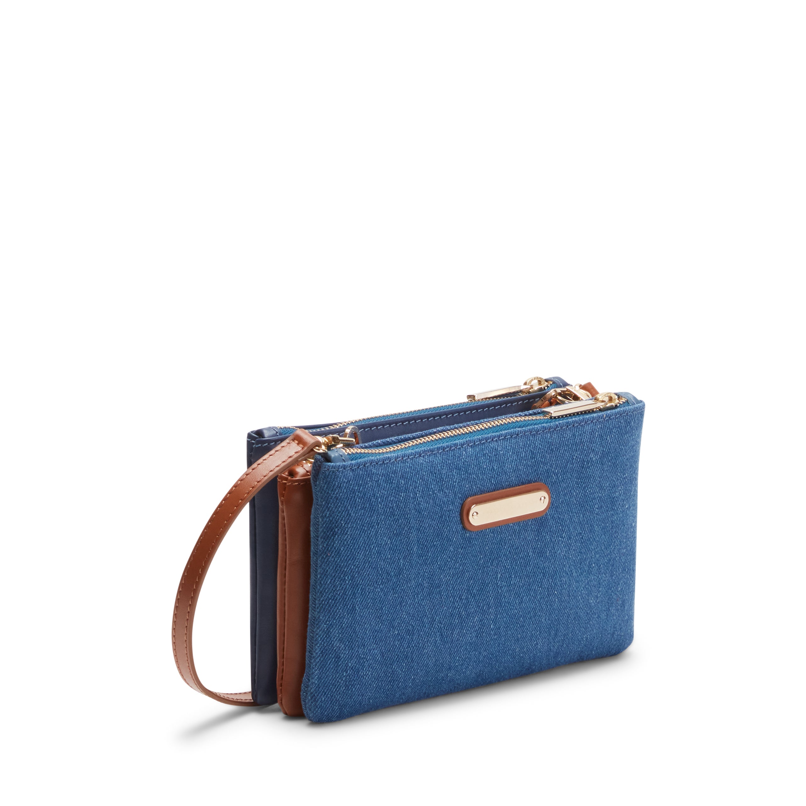 China blue/tan/navy blue fabric and leather Esquire clutch bag