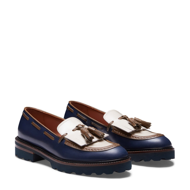 Mocasín Brera de piel de color azul y marfil para mujer