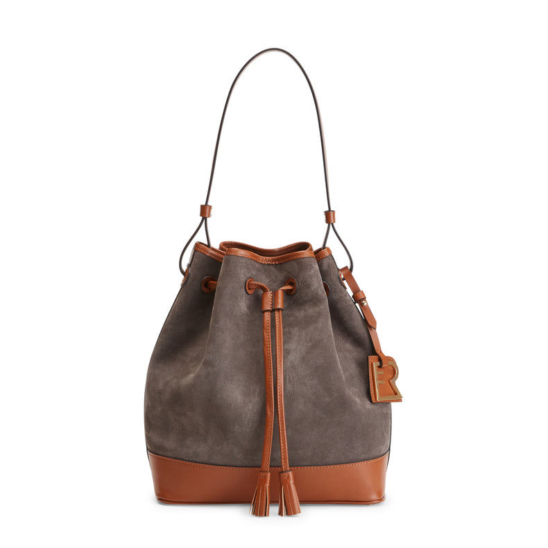 Beuteltasche Royal aus stahlgrauem Wildleder und Leder