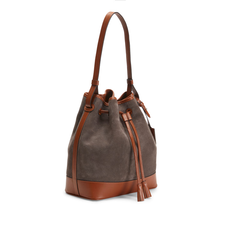 Beuteltasche Royal aus stahlgrauem Wildleder und Leder