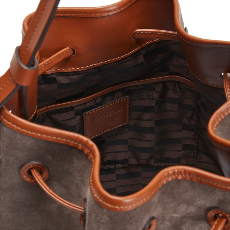 Beuteltasche Royal aus stahlgrauem Wildleder und Leder