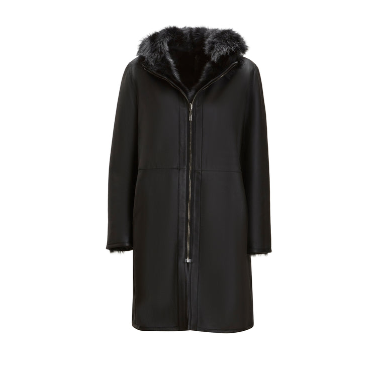 Manteau noir femme en peau de mouton réversible à poils longs