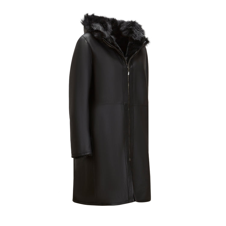Cappotto nero da donna in shearling reversibile a pelo lungo