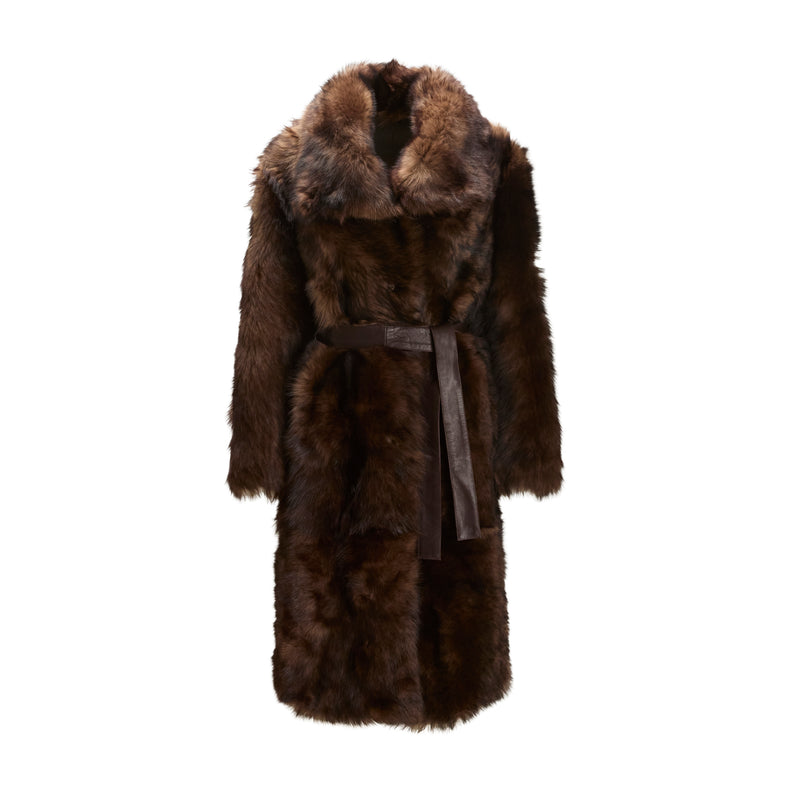 Women's long-pile brown shearling coat