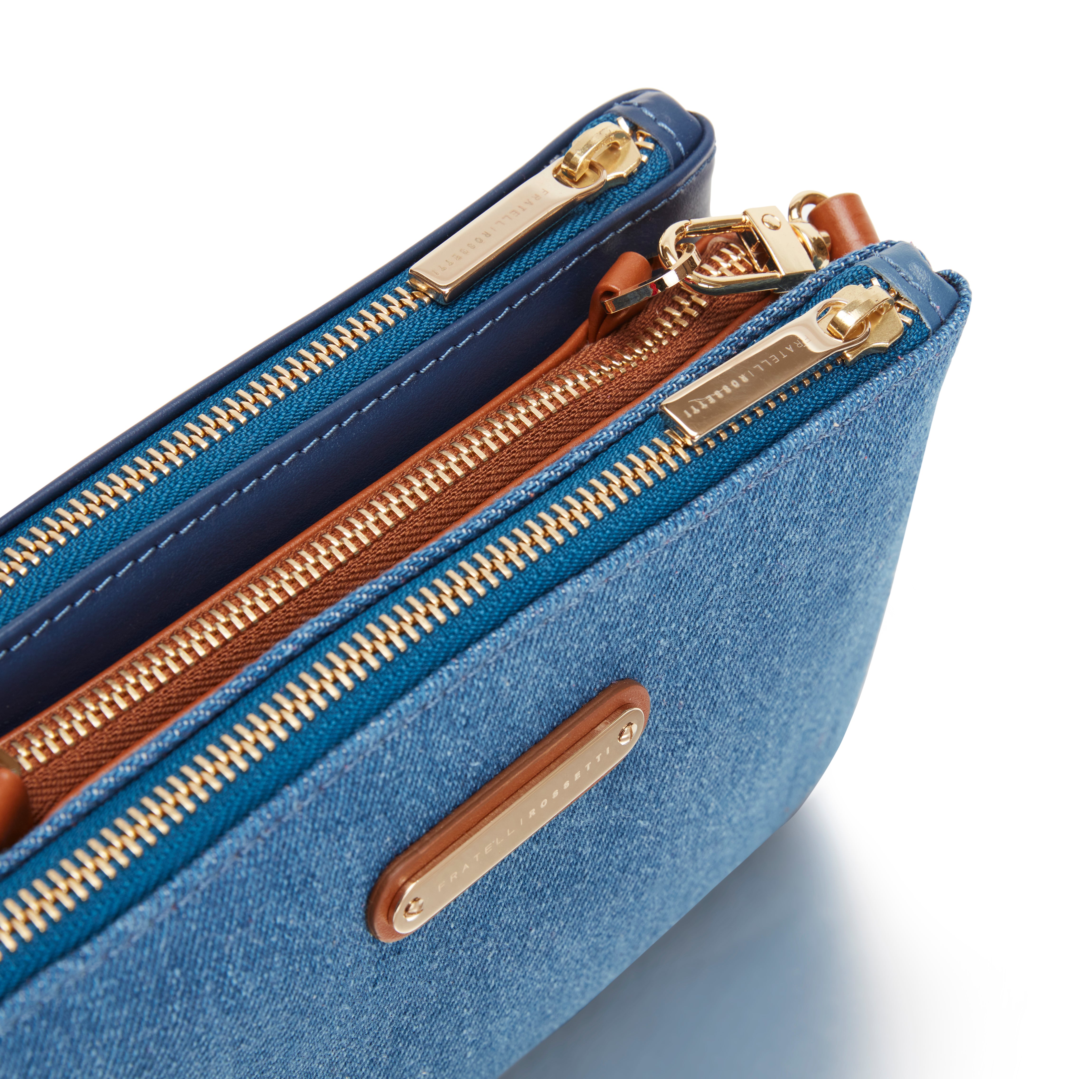 China blue/tan/navy blue fabric and leather Esquire clutch bag