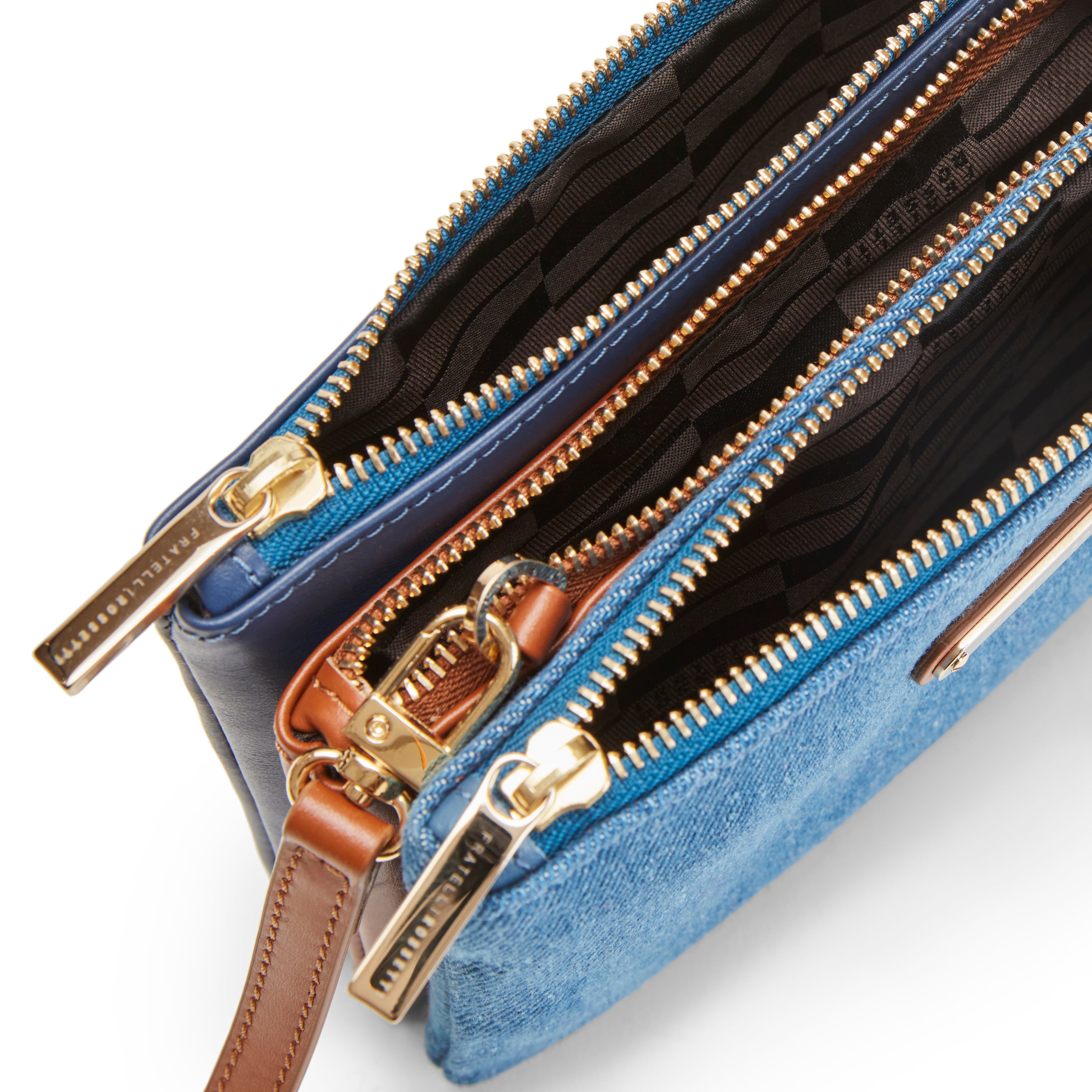 China blue/tan/navy blue fabric and leather Esquire clutch bag