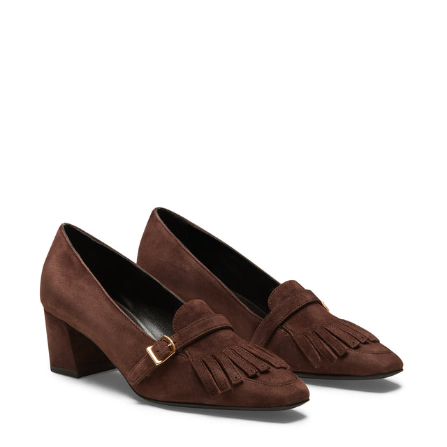 Mocassino tacco medio in suede da donna color cacao