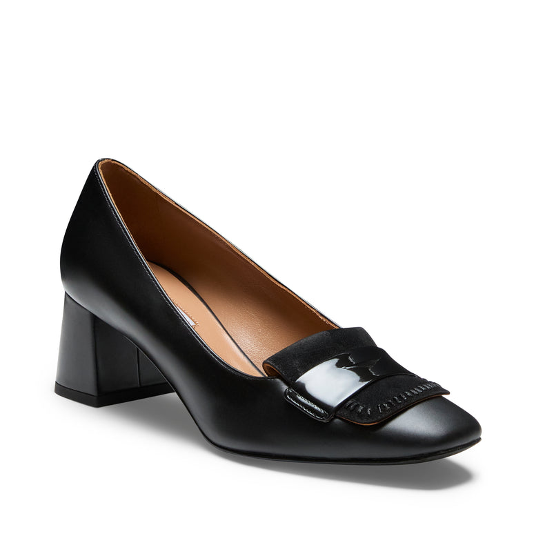 Black leather medium-heel pump