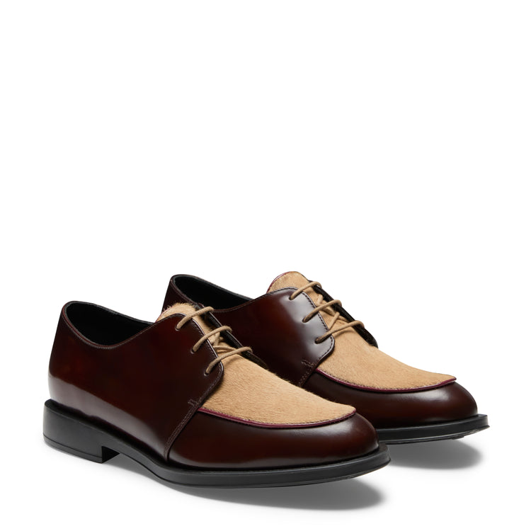 Derby-Schnürschuh aus naturfarbenem und braunem Leder für Damen