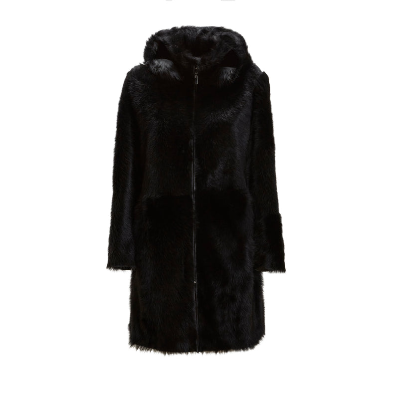 Cappotto nero da donna in shearling reversibile a pelo lungo