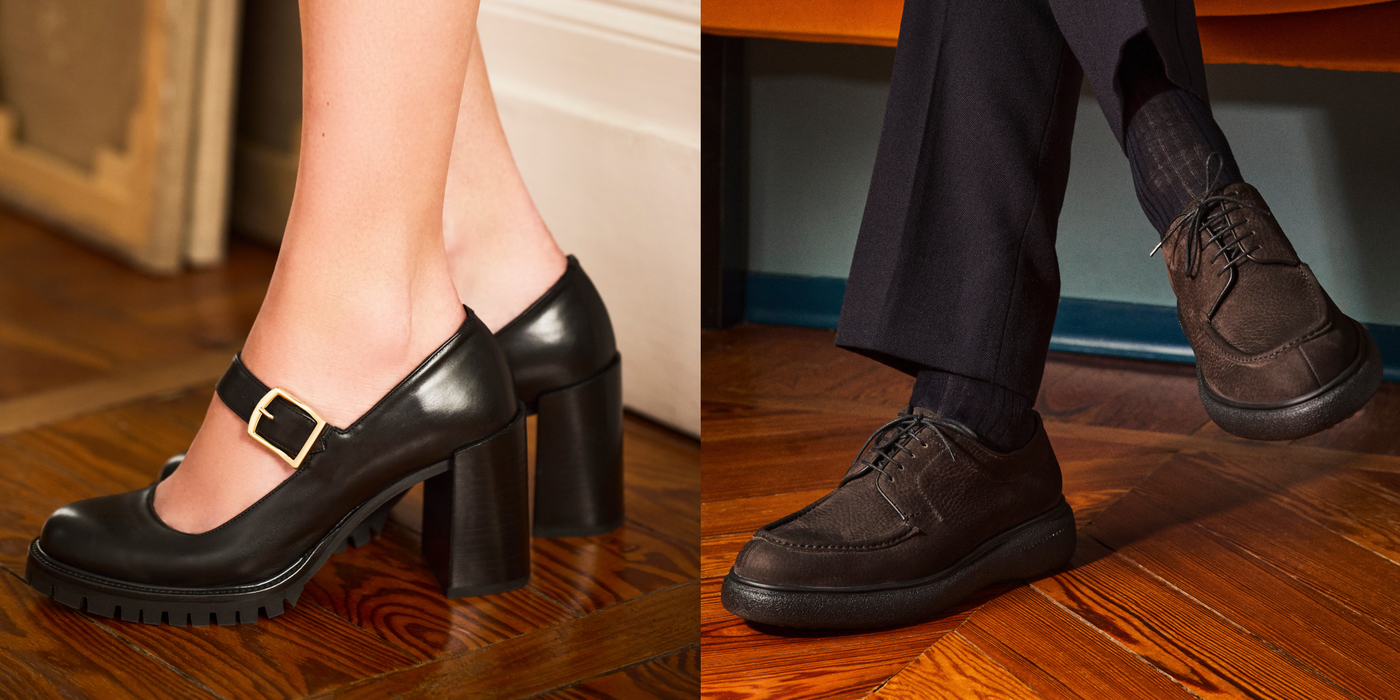 SCARPA DONNA CON TACCO E ZEPPA DI GOMMA E SCARPA UOMO ALLACCIATA CON SUOLA IN GOMMA